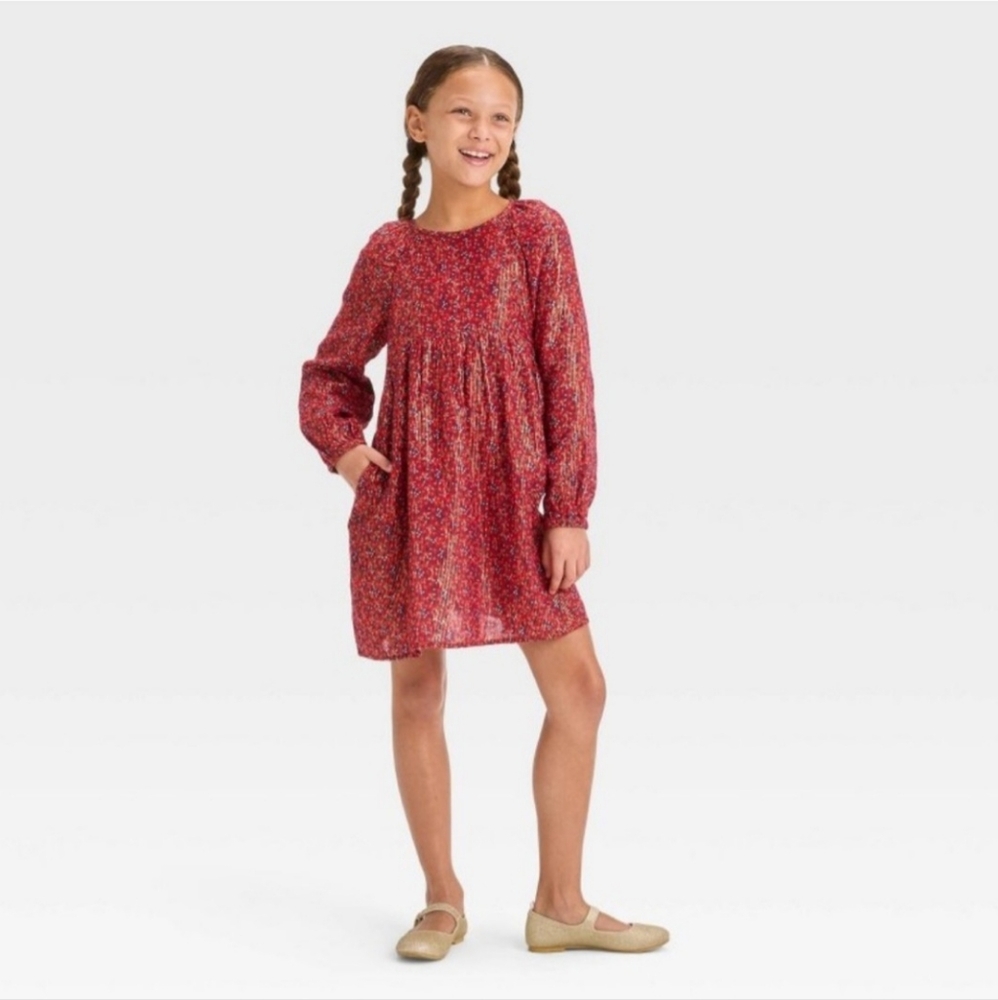 Cat & Jack Girls Long-Sleeve Floral Woven Dress Sz 10 /12